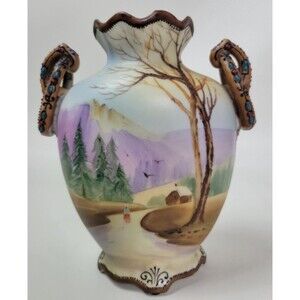Vintage Nippon Noritake Nishiki Vase Hand Painted Mountain Landscape Morimura 7"